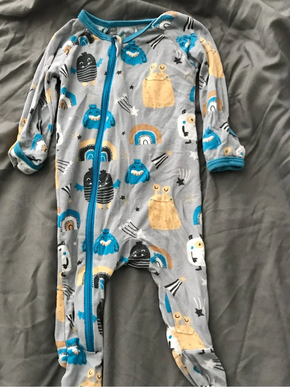 BAMBOO PJS  Gray Monster Print Footed Baby One-Piece with Teal Trim